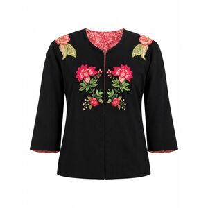 Floral Embroidered Open Front Jacket Black Pink Reversible Look Women's M